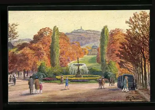 Künstler-AK Bonn, Poppelsdorfer Allee mit Kreuzberg und Spaziergängern