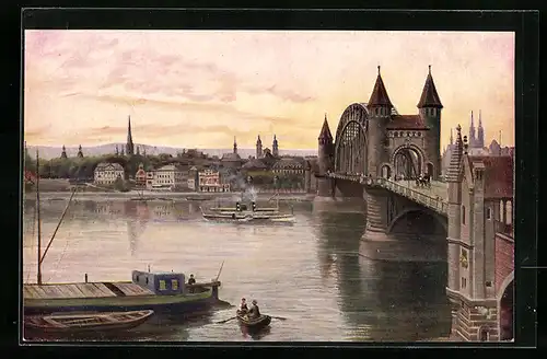 Künstler-AK Bonn, Rheinbrücke in der Dämmerung, Dampfer