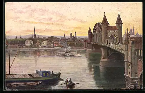 Künstler-AK Bonn, Rheinbrücke in der Dämmerung, Dampfer