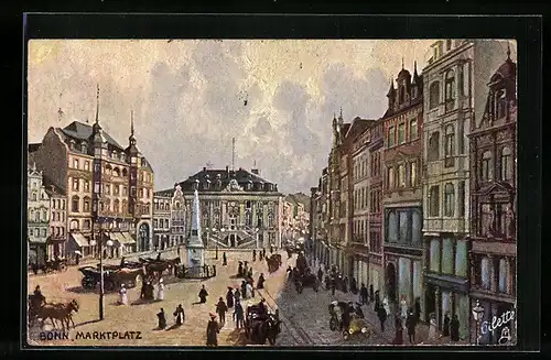 Künstler-AK Bonn, Marktplatz mit Kutschen und Passanten
