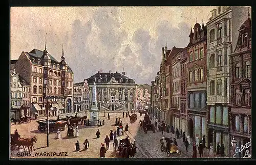 Künstler-AK Bonn, Marktplatz mit Passanten aus der Vogelschau