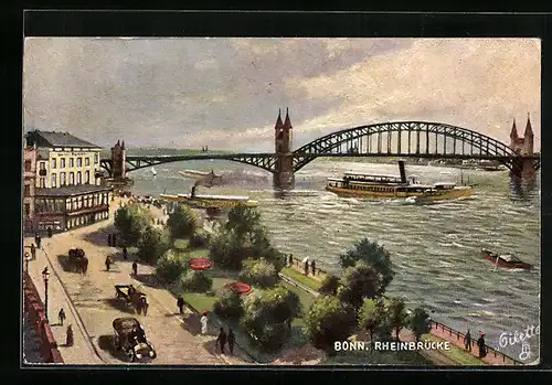 Künstler-AK Bonn, Rheinbrücke mit Uferstrasse und Anlage