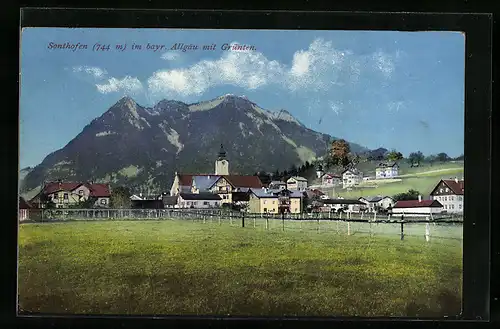 AK Sonthofen im Allgäu mit Grünten, Ortsansicht mit Kirche und Bergpanorama