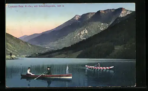 AK Lunzersee, Blick auf See mit Scheiblingstein, entspannter Ruderbootausflug