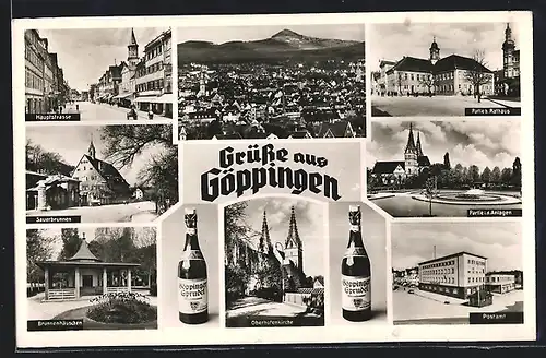 AK Göppingen, Gesamtansicht, Hauptstrasse, Sauerbrunnen, Oberhofenkirche, Postamt, Flasche Göppinger Sprudel