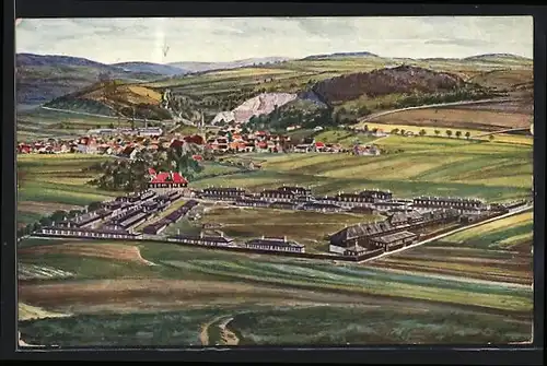 AK Münsingen, Ortsansicht mit neuem Lager