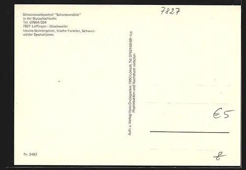 AK Löffingen-Göschweiler, Schwarzwaldgasthof Schattenmühle in der Wutachschlucht