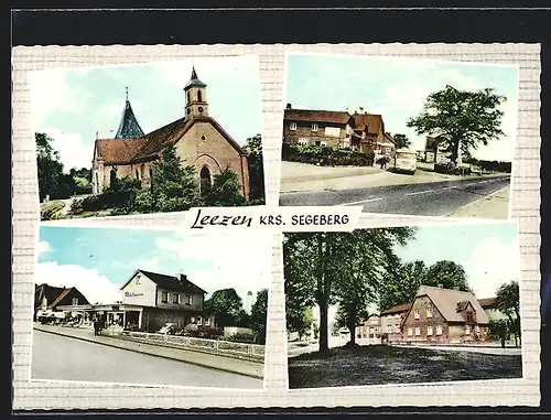 AK Leezen über Bad Segeberg, Ortspartie mit Kirche, VW Käfer