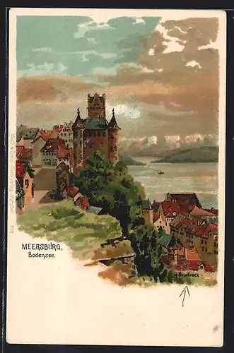 Künstler-AK Meersburg, Ortsansicht mit Blick auf Burg