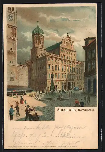 Lithographie Augsburg, Rathaus und Brunnen