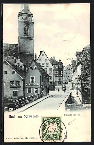 AK Schwabach, Blick über die Fleischbrücke in eine Strasse
