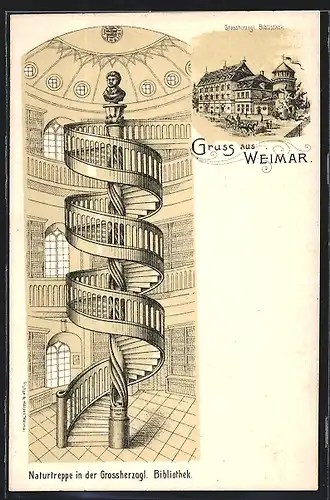 Lithographie Weimar, Naturtreppe in der Grossherzoglichen Bibliothek
