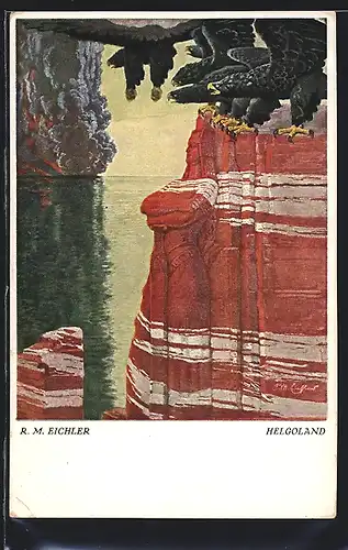 Künstler-AK Helgoland, Steilküste mit Germania im Fels, Adler, in der Ferne ein Brand, Berg mit Gesicht / Berggesichter
