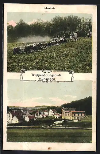 AK Münsingen, Truppenübungsplatz, Ortsansicht, Infanterie bei Schiessübungen