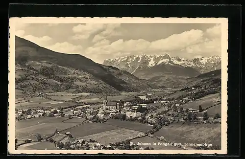 AK St. Johann i. Pongau, Teilansicht mit Kirche g. d. Tennengebirge