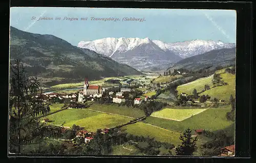 AK St. Johann im Pongau, Teilansicht mit Kirche und Tennengebirge