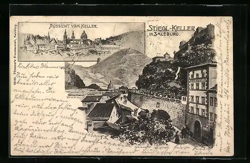 Lithographie Salzburg, Gasthaus Brauerei Stiegl-Keller, Ortsansicht vom Keller aus