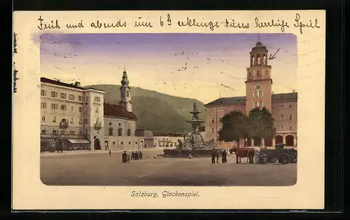 AK Salzburg, Glockenspiel am Marktplatz mit Brunnen