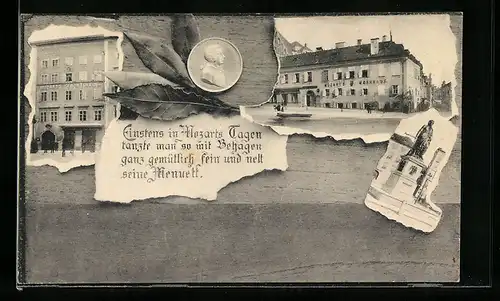 AK Salzburg, Mozarts Geburtshaus, Mozarts Wohnhaus, Mozart-Denkmal