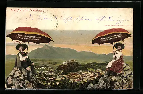 AK Salzburg, Kinder mit Regenschirmen, Blick auf die Stadt
