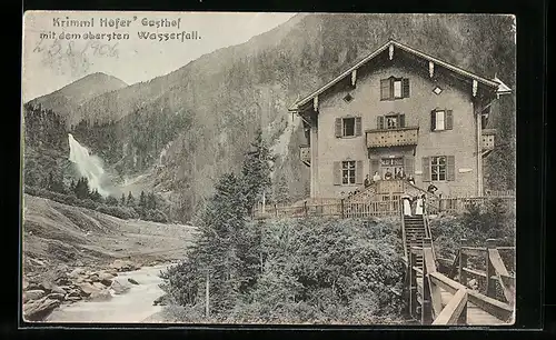 AK Krimml, Hofer`s Gasthof mit dem obersten Wasserfall