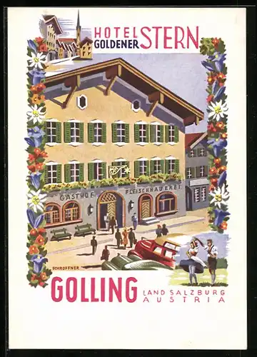 Künstler-AK Golling, Hotel Goldener Stern, Bes. Hermann Döllerer, Ortspartie