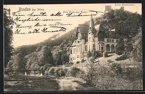 AK Baden, Ruine Rauheneck, Villa Erzherzog Eugen