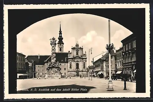 AK Pölten /N.-D., Ausblick auf den Platz mit Denkmal