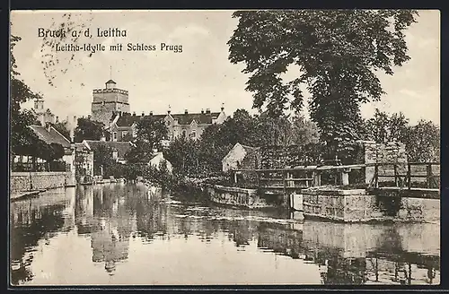 AK Bruck a. d. Leitha, Leitha-Idylle mit Schloss Prugg