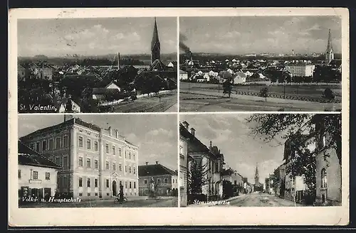 AK St. Valentin, Volks- und Hauptschule, Strassenpartie, Ortsansicht