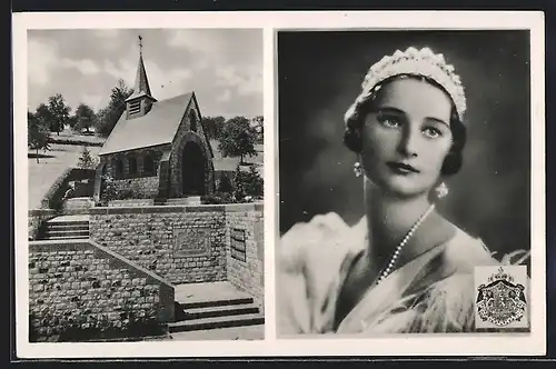 AK Küssnacht, Gedächtniskapelle Königin Astrid von Belgien, Porträt der Monarchin, Wappen