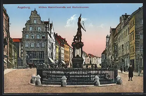 AK Augsburg, Mittlere Maximilianstrasse und Merkurbrunnen