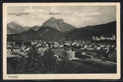 AK Füssen, Ortsansicht mit Bahnhof und Säuling