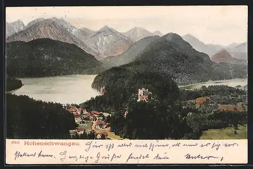 AK Hohenschwangau, Ortsansicht mit Gewässer und Bergpanorama