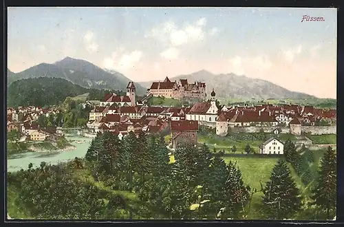 AK Füssen, Gesamtansicht mit Fluss und Bergen