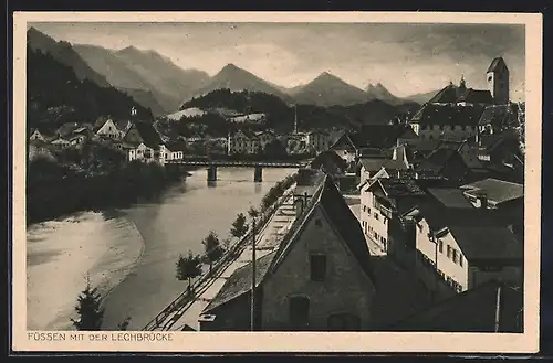 AK Füssen, Ortspartie mit Lechbrücke