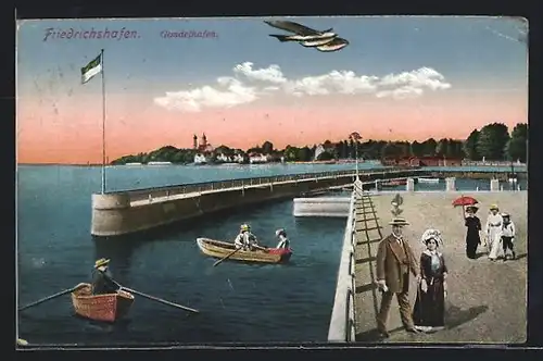 AK Friedrichshafen, Wasserflugzeug über dem Gondelhafen