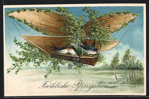 AK Vögel auf einem Flugzeug, Pfingstgruss