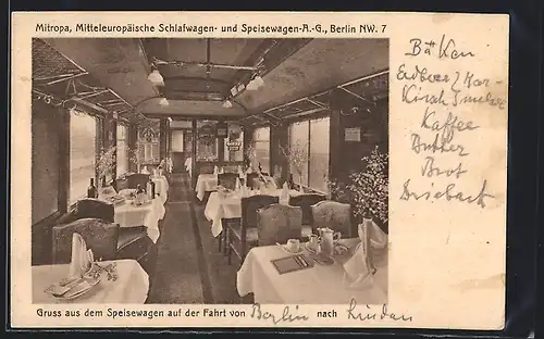AK Mitropa, Mitteleuropäische Speisewagen-A.G., Berlin, Speisewagen mit gedeckten Tischen