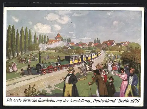 Künstler-AK Selzer: 100 Jahre deutsche Eisenbahn, Erster Dampfwagen zwischen Nürnberg und Fürth