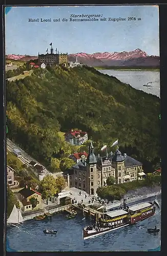 AK Berg, Hotel Leoni und die Rottmannshähe mit Zugspitze am Starnbergersee