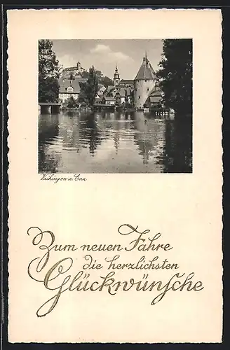 AK Vaihingen a. Enz, Ortspartie mit Brücke, vom Wasser gesehen, Neujahrsgruss