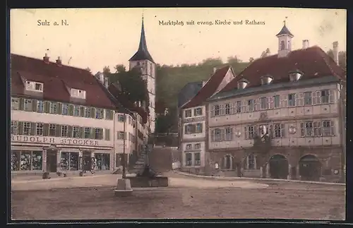 AK Sulz, Marktplatz mit evangelischer Kirche und Rathaus