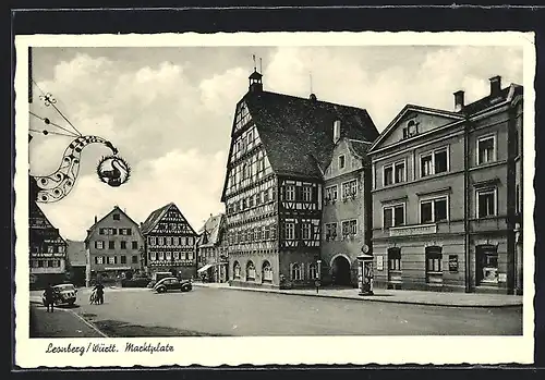 AK Leonberg /Württ., Marktplatz mit Gasthausschild und Löwen-Apotheke