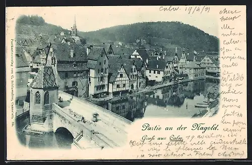 AK Calw, Teilansicht mit Nagoldbrücke aus der Vogelschau