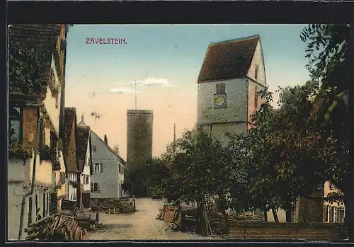 Künstler-AK Zavelstein, Ortspartie am Uhrenturm