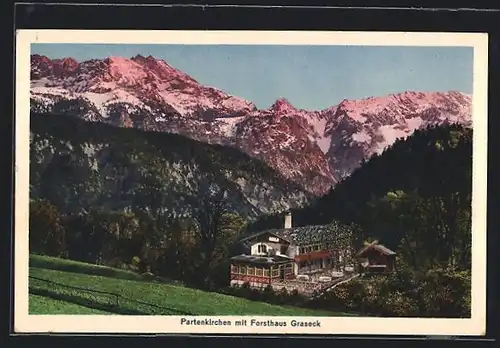 AK Partenkirchen, Forsthaus Graseck mit Alpenglühen aus der Vogelschau