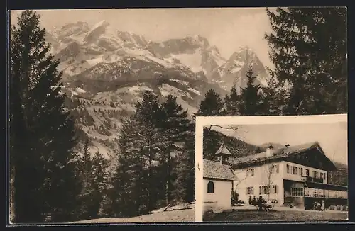 AK Garmisch, Gasthaus Gschwandtnerbauer, Blick in das Gebirge