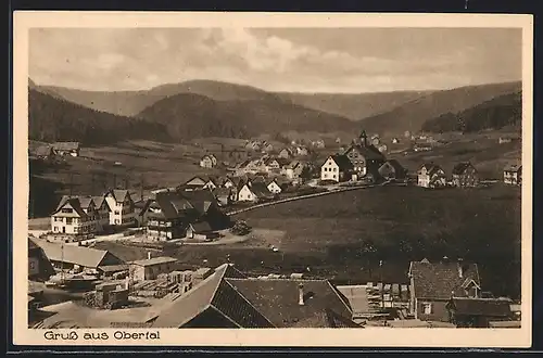 AK Obertal, Totalansicht mit Bergpanorama aus der Vogelschau