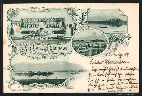 AK Herreninsel, Fraueninsel im Chiemsee, Schloss mit Brunnen und Parkanlage um 1900